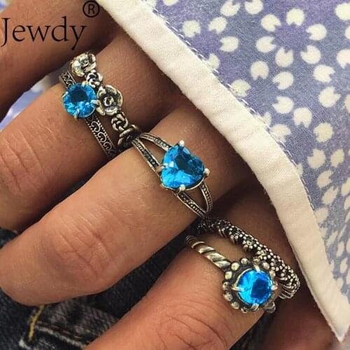 Jewdy Vintage Bohemian Ring Set Punk Antique Silver Color Blue Crystal Geometric Knuckle Midi Rings for Women Jewelry Gifts