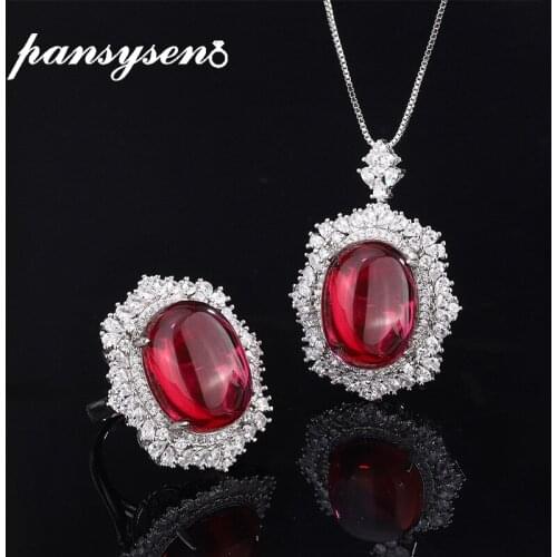 Vintage Solid 925 Sterling Silver 15x20MM Oval Ruby Simulated Moissanite Gemstone Ring Pendant Necklace Jewelry Sets for Women