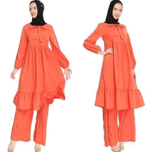 Muslim Women 2 Piece Set Long Sleeve Blouse Pants Ruffle Abaya Dubai Kaftan Jilbab Party Gown Middle East Arab Islamic Clothing