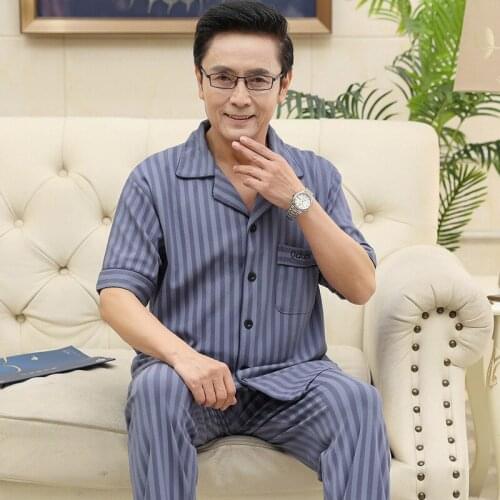 L-4XL Men Pajamas Set 2PCS Stripe Cotton Pyjamas Father Sleep Suit Summer Short Sleeve&Pant Sleepwear Turn-Down Collar Nightwear