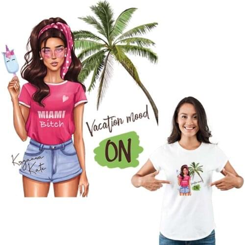 Vacation Time Patch Iron On Clothes Girl Heat Transfer New Fashion Diy T-Shirt Jeans Decoration Washable Stickers For Clothes
