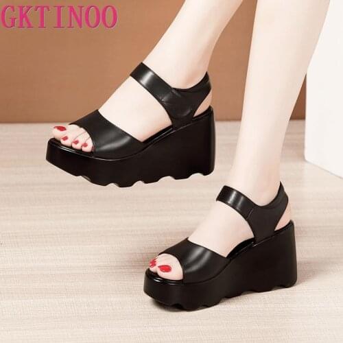 GKTINOO Womens Sandals Plus Size 33-43 Summer Open Toe Leather Ladies Shoe Sandals Women Platform Wedges Heels Female Shoes