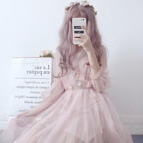 Japan Style Mesh Dresses Women Loose Applique Sweet Ladies Puff Sleeve Summer Floral Perspective Short Dress Two-piece Suit