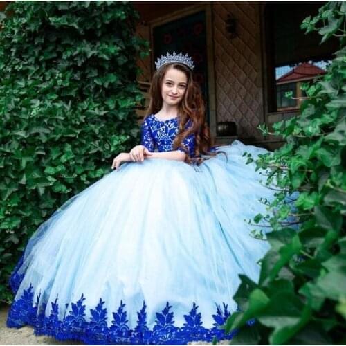 Blue Lace White Flower Girls Dresses Blue Lace Girls Princess Ball Gowns Custom Girls Birthday Gowns Custom