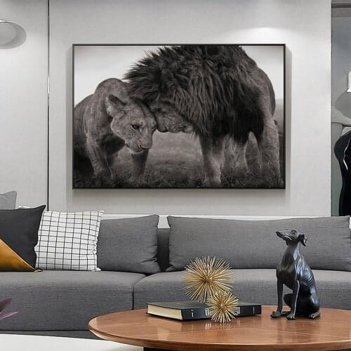 Modern Animal Lions Head to Head Black and White Canvas Art Painting Posters and Prints Wall Art Picture for Living Room Cuadros