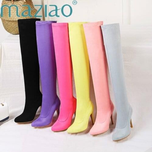 Fashion Color Stretch Fabric Slip-On Super High Boots Pointy Toe Over-the-Knee Heel Thigh High Pointed Toe Women Boots MAZIAO