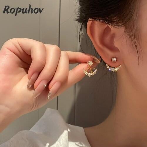 Ropuhov 2021 New 925 Silver Korean Fashion Jewelry Woman Gift Zircon Two-wearing Studded Star and Moon Earrings Bling Wholesale