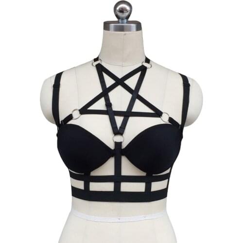 Women black Harness cage bra Gothic Harajuku sexy lingerie Cage Back complex Garters belt Pentagram body harness Cage bra