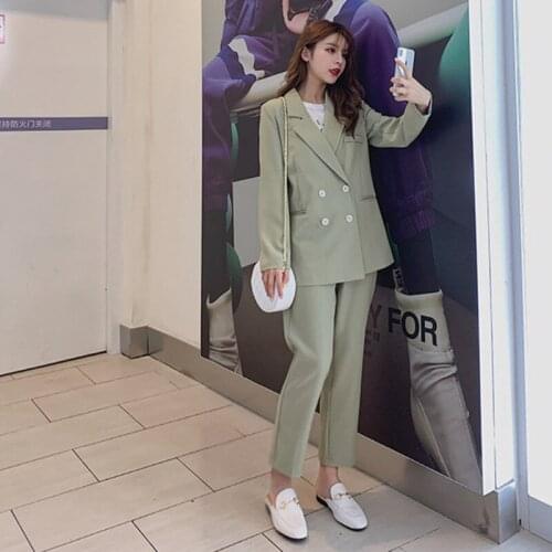 Chic Women Fashion Double Breasted Slim Blazer+Slim Suit Pants Two Piece Set 2021 New Light Green Office Lady Elegant Clothing