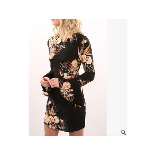 S-XL women o neck long flare sleeve dress night evening party floral print dress autumn winter casual leisure dress