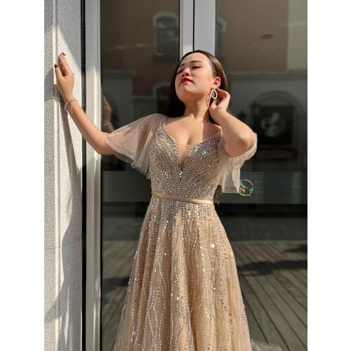 Golden Luxury Fashion Ladies Evening Party Dark Gown Short Sleeves Beading A-line Short Flare Sleeves For Women Party