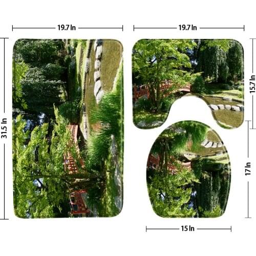 Green Forest Waterfall Scenery Bath Mat Set Japanese Garden Non-Slip 3 Pcs Bathroom Decor Sets Rug Toilet Cover Lid U-Shaped Pad