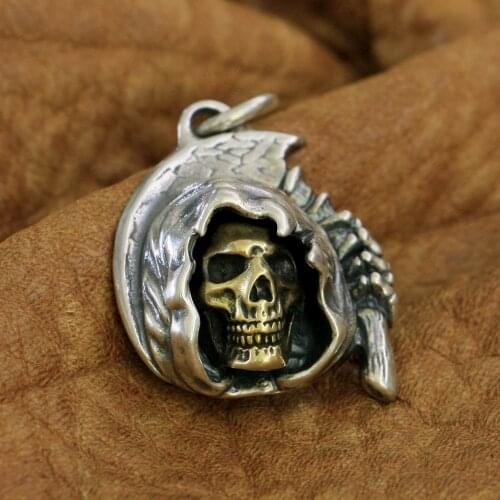 925 Sterling Silver Sickle Death Brass Skull Pendant Mens Punk Pendant TA53B
