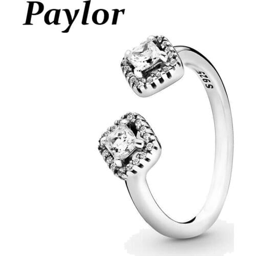 Authentic 100% 925 Sterling Silver Rings Square Sparkle Open Ring Women Engagemen Anniversary Jewelry Dropshipping