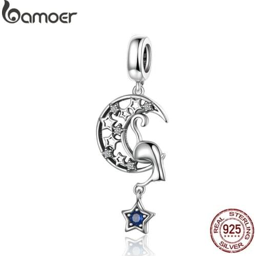 BAMOER 2019 New Vintage Moon and Star Cat Pendant Charm fit for Bracelet Necklace 925 Sterling Silver Fine Jewelry SCC1205