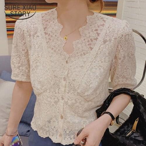 Summer New Chic V-neck Blouse Women Korean Sweet Short Sleeve blouse Apricot Tops Fashion Floral Loose Ladies Shirt Blusas 13920