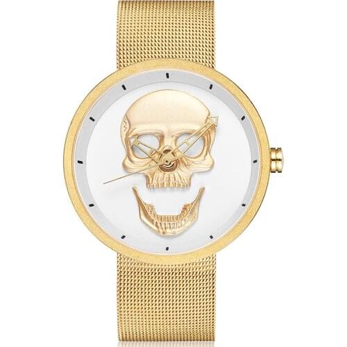 White Gold Quartz Watch Men 3D Skull Head Pattern Stainless Steel Steampunk Rock Engraved Black Cool Mexico Man reloj hombre