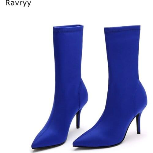 Elastic Blue Red Black Woman Ankle Boots Pointed Toe Thin heel Newest Fashion Autumn winter Short Boot Slip-on Female Shoes