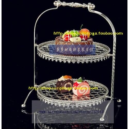 European silver plated double cake plate afternoon tea pastry snack plate baking paper cup cake plate wrought iron fruit plate