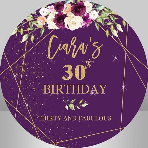 Purple Flower Custom 30th 40th 50th Birthday Round Backdrop Cover Gold Glitter Photo Background Banner Cake Table Cover Elastic