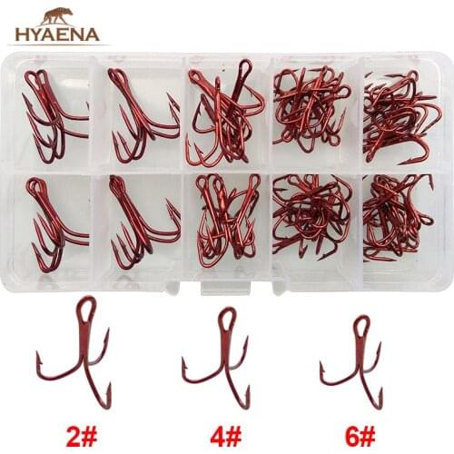 Hyaena 50pcs Red 35647 High Carbon Steel Fishhook Treble #2 4 6 Triple Hard Lure Fishing Hooks Set With Box
