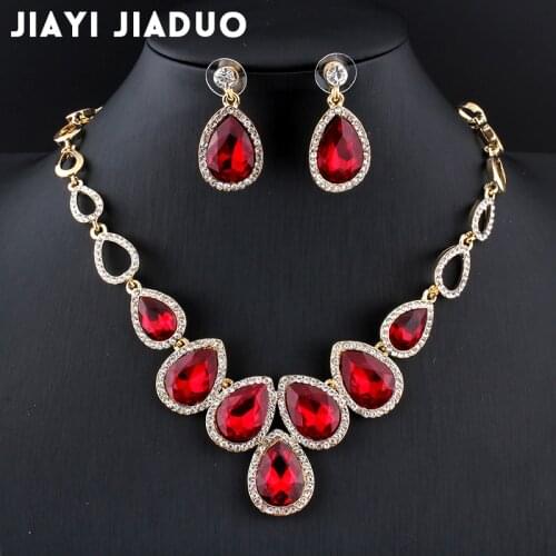 Jiayijiaduo Hot african Jewelry set Gold-color cystal necklace set and earrings set for women Red crystal wedding jewelry set