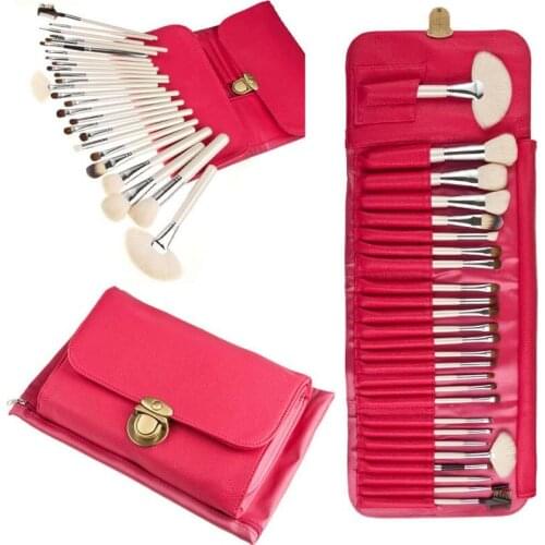 Red PU bag animal hair goat horse hair makeup brush set white wood handle 26pcs pincel maquiagem
