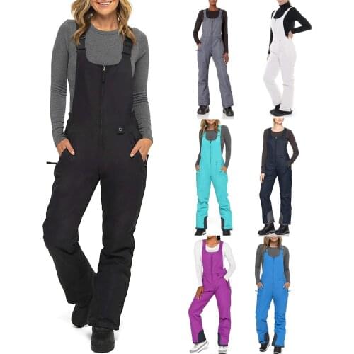 Ski Pants for Ladies 2021 Womens Insulated Bib Solid Color Pocket One-Piece Suspenders Trousers Plus Size Ladies Jumpsuit
