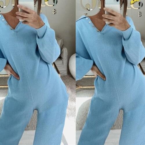 Fashion Ribbed Knitted Women Bodycon Jumpsuit Full-Sleeved Single-Breasted V Neck Romper Loose Style Casual Jumpsuit Female