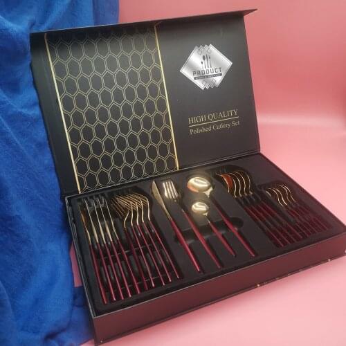 Hot sale 24pcs red Gold gift box stainless steel table knife fork Coffee Spoon tableware set dinnerware Cutlery