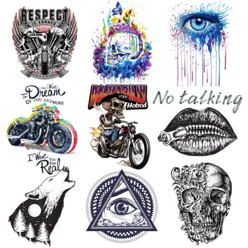 Punk/Animal Stickers Iron on Transfers On Clothes Skull/Motorsycle Heat Transfer Vinyl For Kid T-shirts Applique Sticker DIY