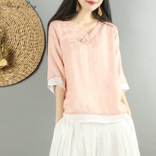 2019 New Traditional Chinese Clothing Womens Tops Blouses Linen Button Shirt Oriental Female Cheongsam Top China Clothing G153