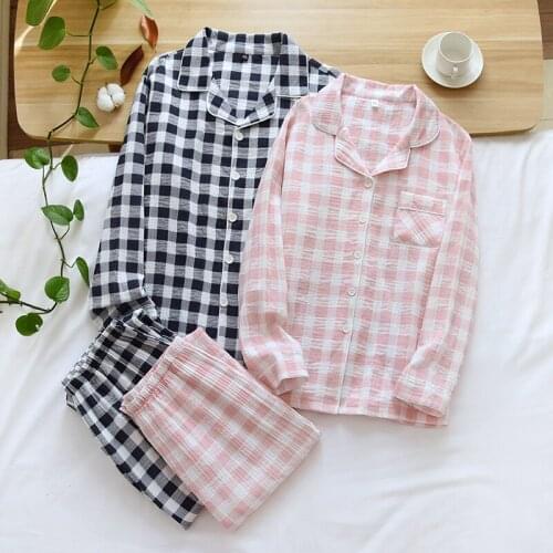 5 Colors Couple 2 Piece Pajamas Set Spring Autumn Cotton Plaid Pyjama Casual Breathable Lounge Wear For Women Home Wear Service