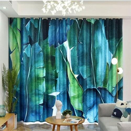 Custom curtains Small fresh green oil painting banana leaf curtains living room bedroom shading cloth