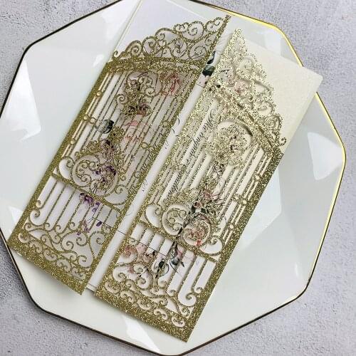 50X Champagne Wedding Invitation Cards with Custom Insert and Envelope Glitter Hollow Gate Open Invites For Sweet 15 Party