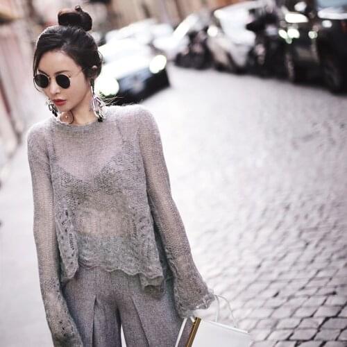 See Through Women Thin Pullover Sweater 2020 Autumn Korean New Basic Knitted Sweater Girl Hollow Out Knitwear Plus Size
