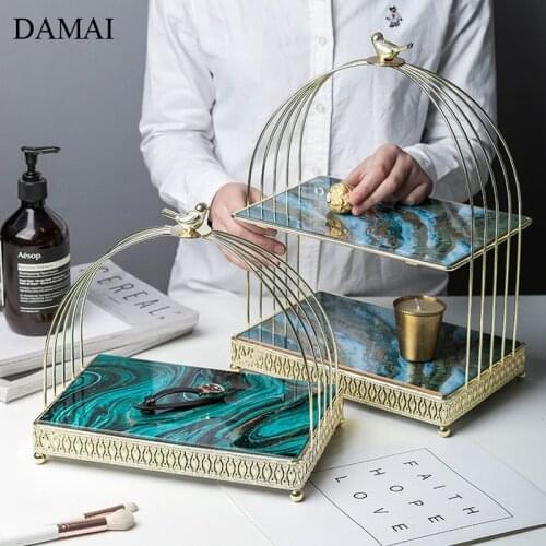 Nordic Modern Jewelry Display Shelf Decorative Golden Bird Cage Marble Texture Double Layer Cosmetic Metal Mirror Storage Trays