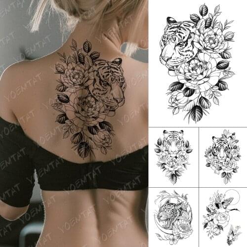 Waterproof Temporary Tattoo Sticker Line Tiger Flowers Flash Tattoos Leopard Bird Moon Body Art Arm Fake Tatoo Women Men