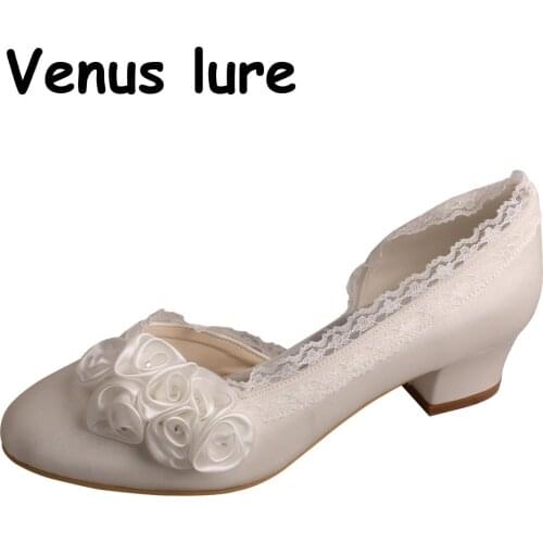 Round Toe Size 4 Shoes for the Bride Ivory Satin Flower Wedding Heels