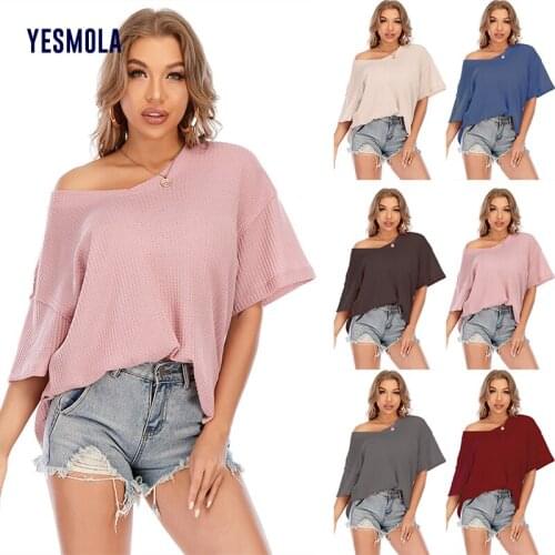 YESMOLA 2021 Ladies Knitted V-neck Short Sleeve Fashionable Sexy Women T-shirts New Summer Solid Color Tshirt Casual Tops