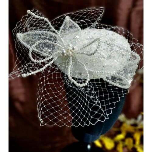 Elegant Ladies Vintage Fascinator Hat Fairy Pearl Bow Mini Wedding Hat French Cocktail Church Bride Face Veil Hat Headpiece 2021