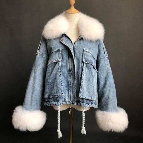 Denim Fur Jacket Wholesale Thick Women Fox Collar Parka New Arrivals Winter Fashion Streetwear Lady Short Rabbit Fur Coat