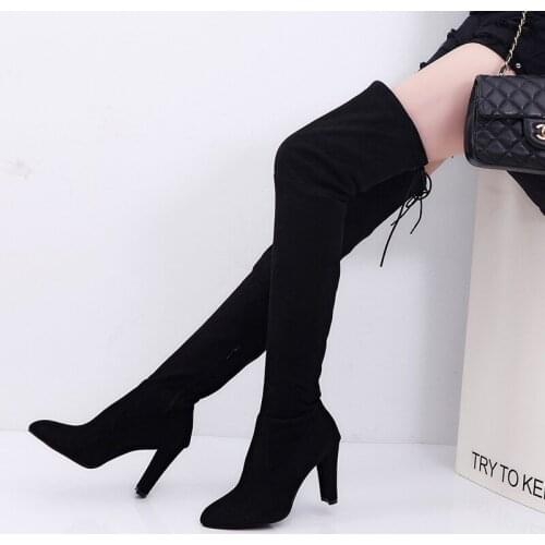 Plus Size Fashion Female Winter Thigh High Boots Faux Suede Leather Solid High Heels Women Over The Knee Shoes Plus Size 34-43