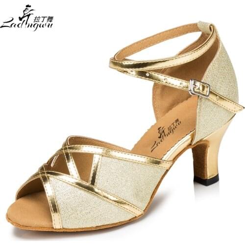Ladingwu Free Shipping Golden/Brown/Silver Flash Cloth and PU Women Salsa Latin Dance Shoes Ballroom Party Dance Shoes