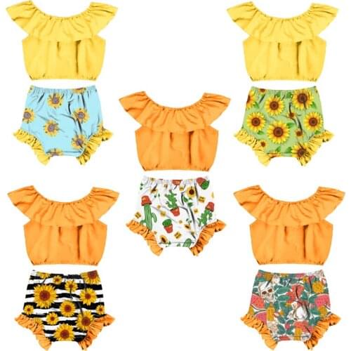 2pcs/set Sunflower Printing Girls Clothing Sets Solid Color Sleeveless Top and Shorts Cute Childrens Clothing Gifts For Kids