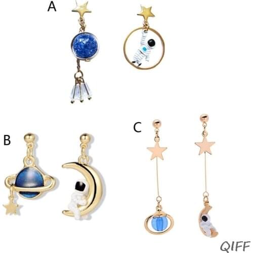 3D Astronaut Spaceman Earrings Asymmetrical Planet Star Moon Drop Earrings Girl