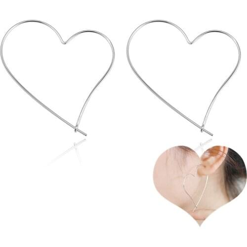 55mm*45mm Wire Heart Hoop Earrings Sterling Silver 0.8mm Thin Ear Hoops For Women