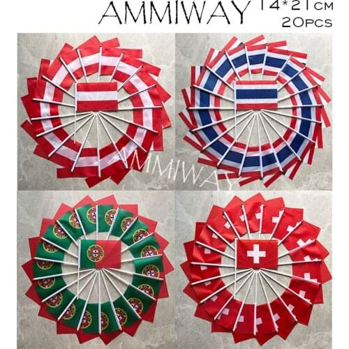 AMMIWAY 14x21cm 20pcs Austria Thailand Portugal Switzerland Country Hand Flag Small National Flags Polyester Materials with Pole