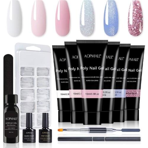 AOPMALL® 6 Color Gilitter Poly Nail Gel With Base Top Coat 12Pcs Starter Nail Set Acrylic Solution Builder Clear Color Gel Kit
