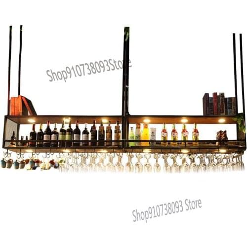 Bar counter wrought iron decoration hanger household solid wood ceiling wall cabinet upside down goblet rack bar hanging wine ra